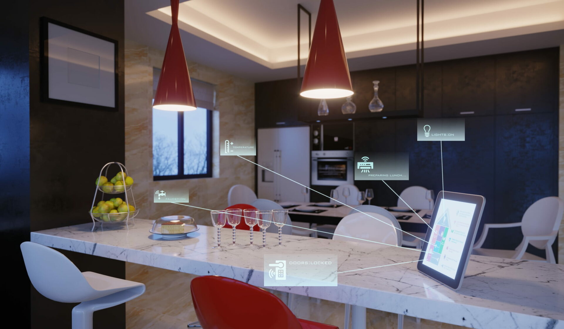 Eine Smart Home Station innerhalb einer Küche und verweise auf Smart Living Anwendungen durch dargestellte Bildicons.
